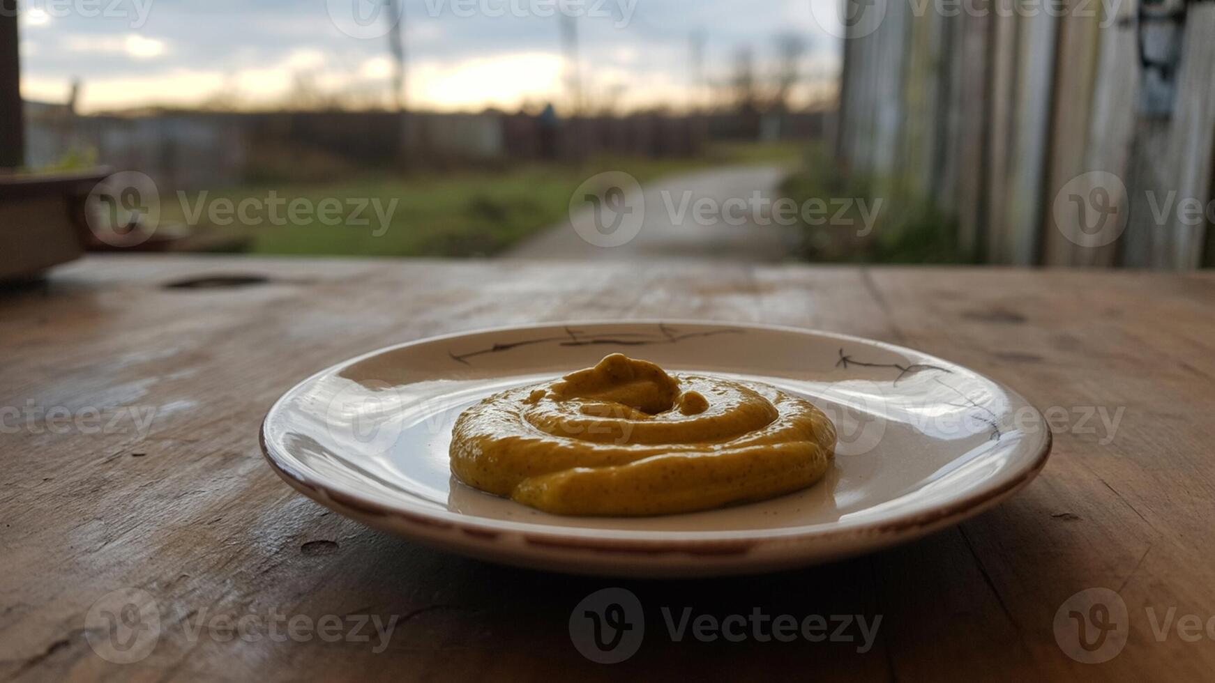 A swirl of mustard on a white plate sitting on a wooden table with a blurred outdoor background photo