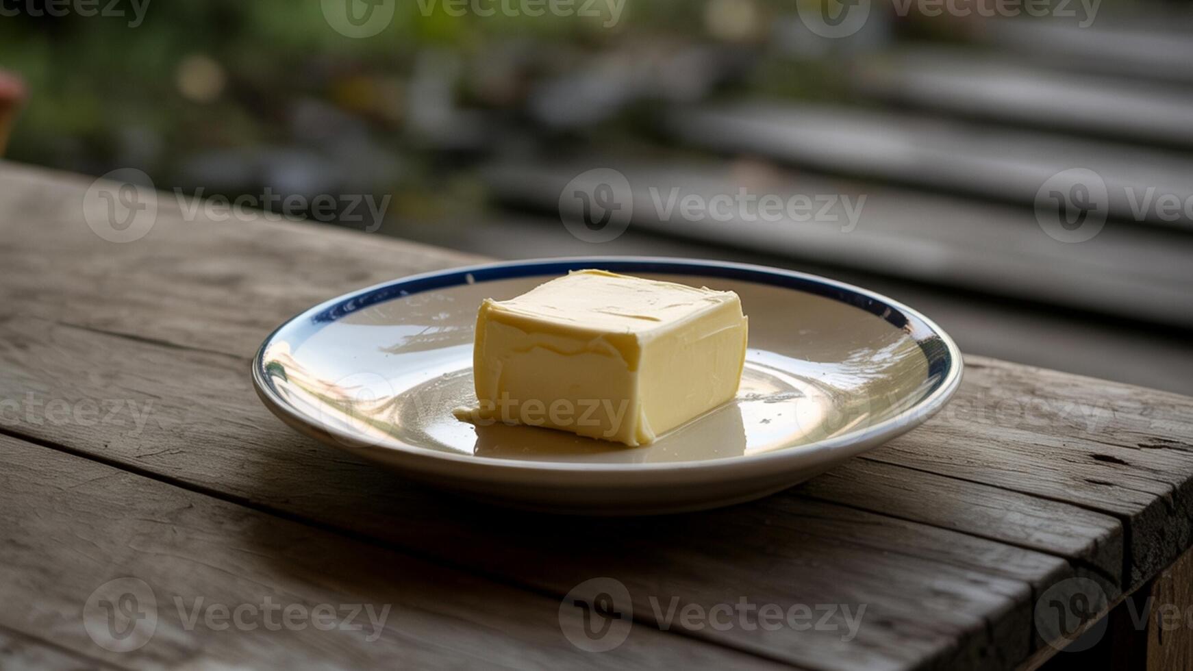 A square of butter on a plate on a table photo