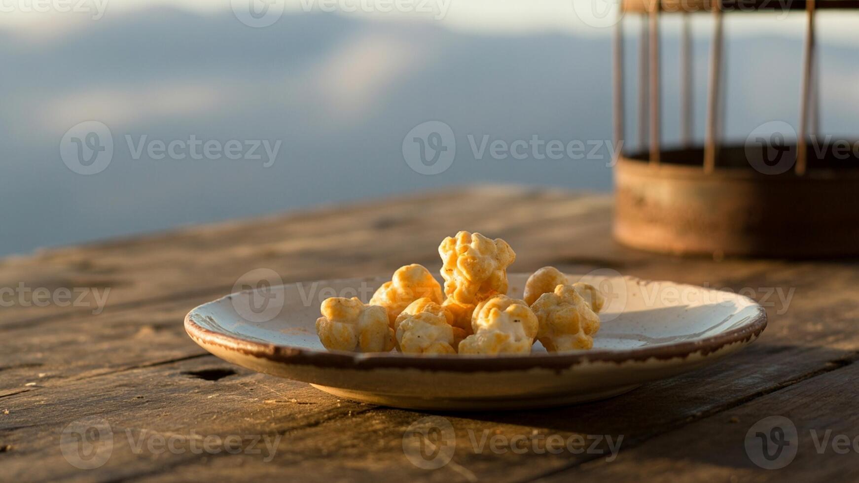 Caramel popcorn on a plate with a blurred background and a decorative cage on a wooden table top photo