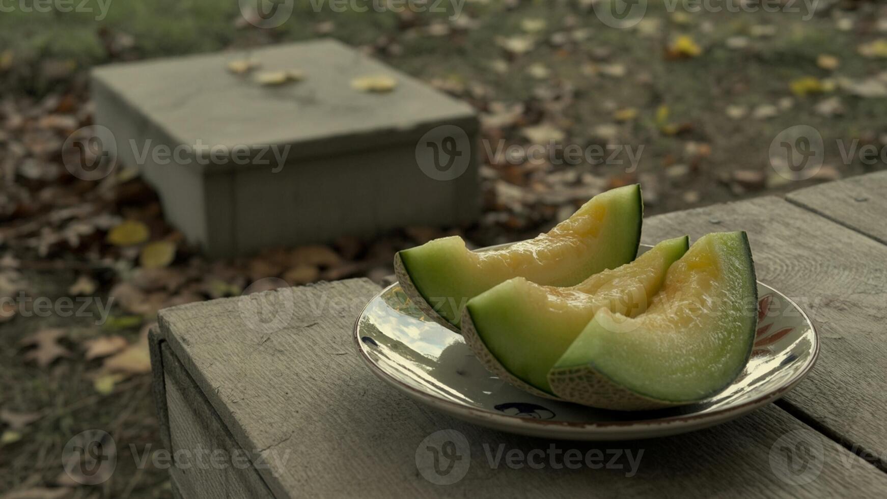 A plate with two slices of melon on it photo