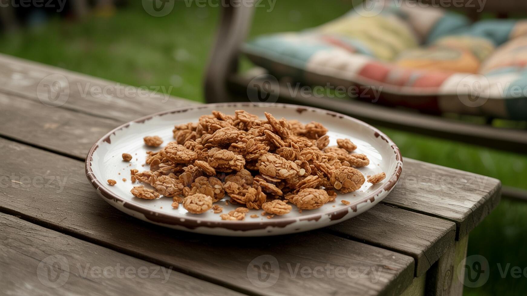 A plate of granola on a wooden table outside with a swing in the background on a sunny day photo