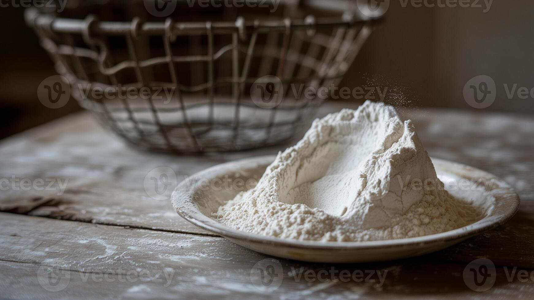 A mound of flour in a plate with a wire basket on a rustic wooden surface in soft natural light photo