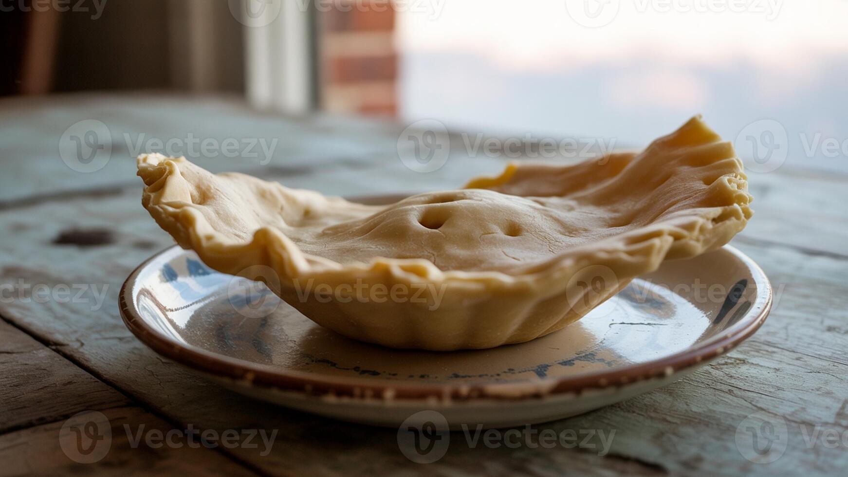Close up of a partially baked pie crust on a small plate with a blurred background outdoors scene photo