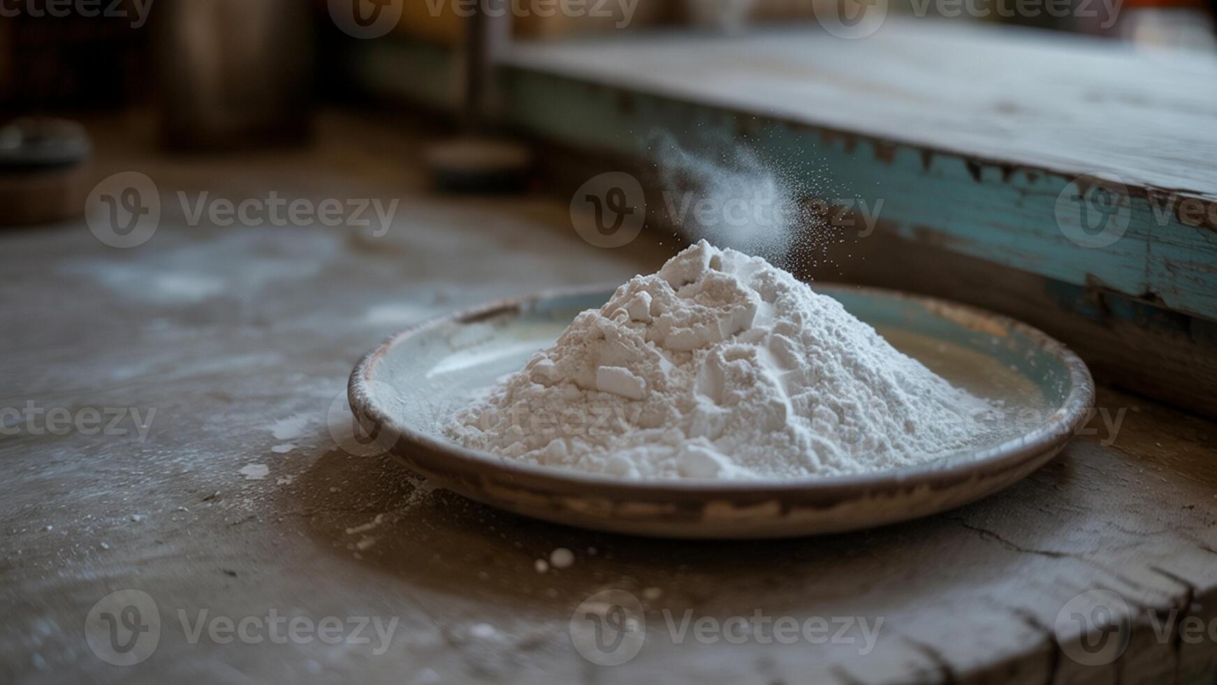 A bowl of white powder sitting on a table photo
