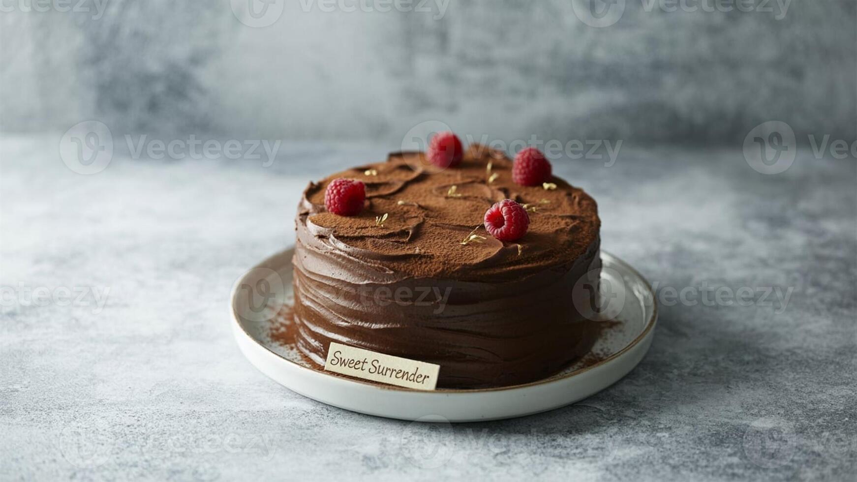 A chocolate cake with raspberry toppings on a white plate with a sweet surrender label on the side photo