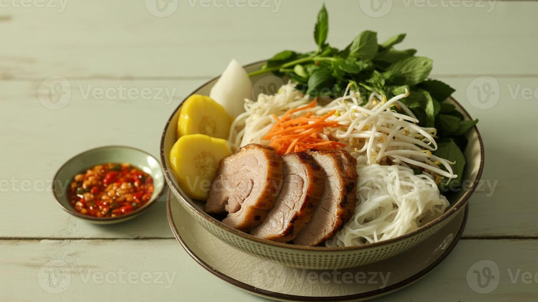A bowl of vietnamese bun with meat, noodles, vegetables and a side of dipping sauce on a wooden surface photo