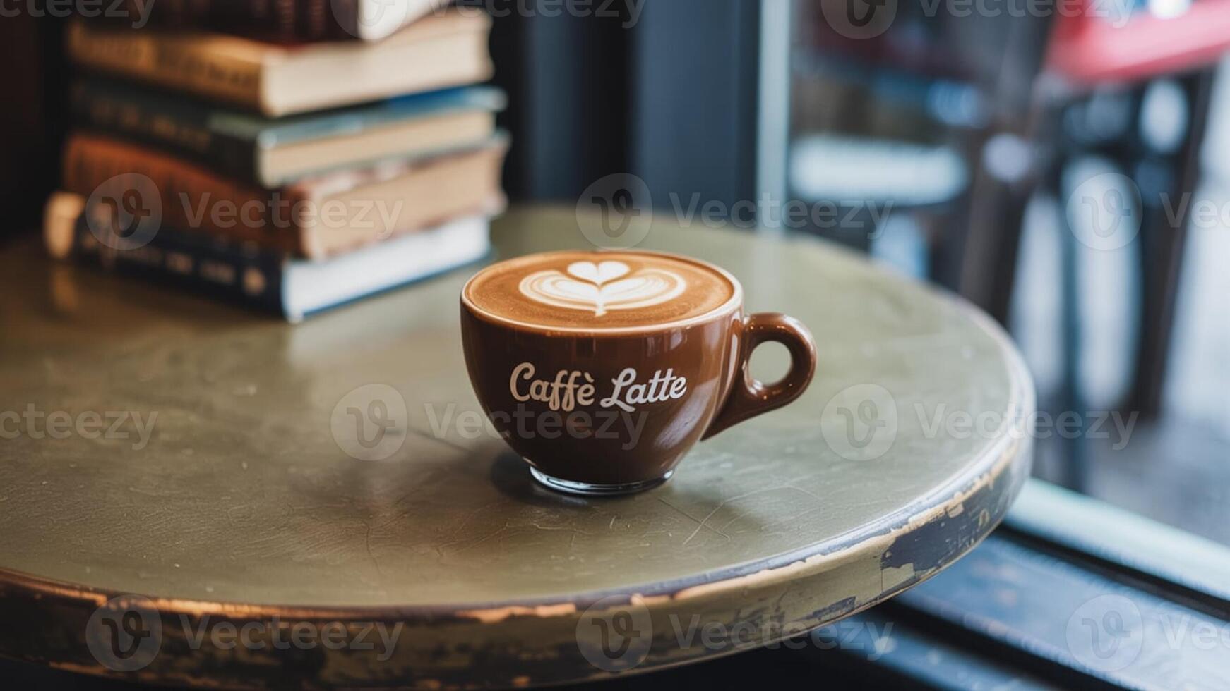 Caffe latte with heart art on a round table next to books and a window in a cafe setting indoors photo