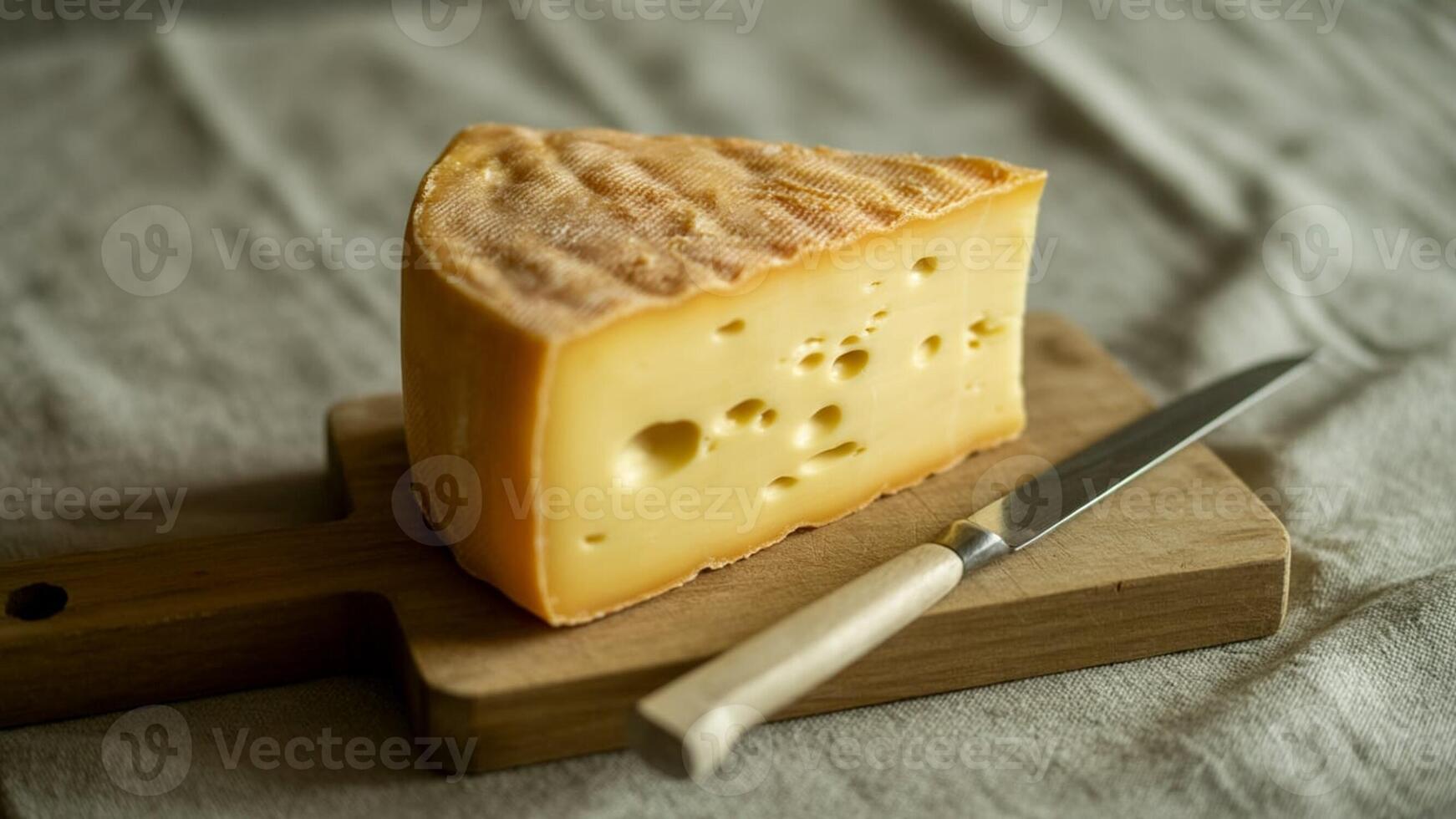 A wedge of cheese with holes on a wooden board next to a knife on a textured surface close up view photo