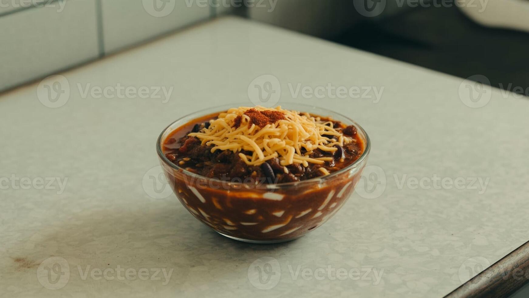 A clear bowl filled with chili and topped with shredded cheese sitting on a white surface top photo