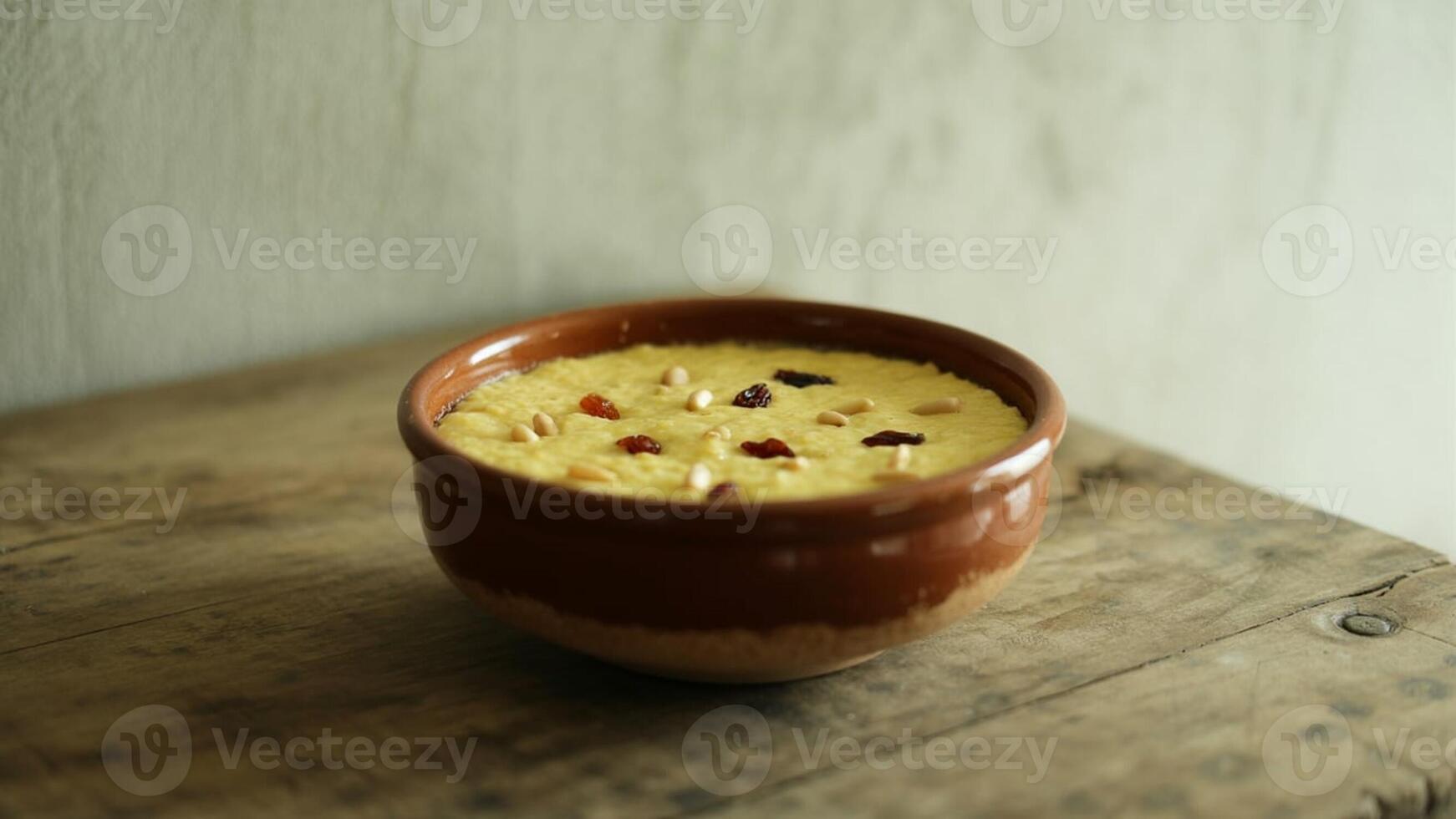 Custard dessert with raisins and pine nuts in a brown bowl on a rustic wooden table surface top view photo