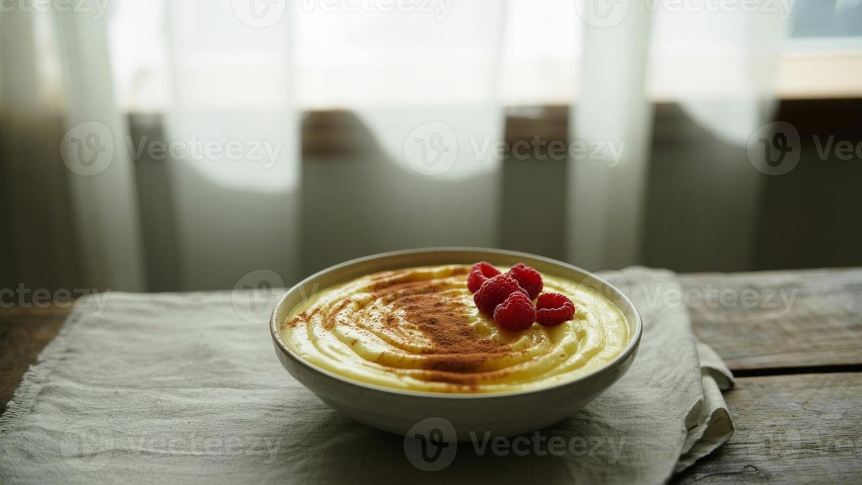 A bowl of creamy dessert with cinnamon and raspberries on a table near a bright window light source photo
