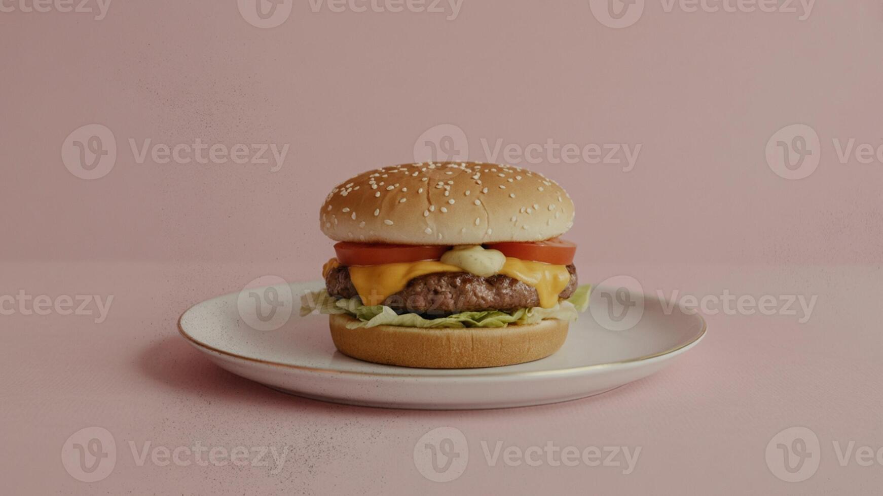 A single burger with cheese and tomato on a plate against a pink background in a studio shot photo