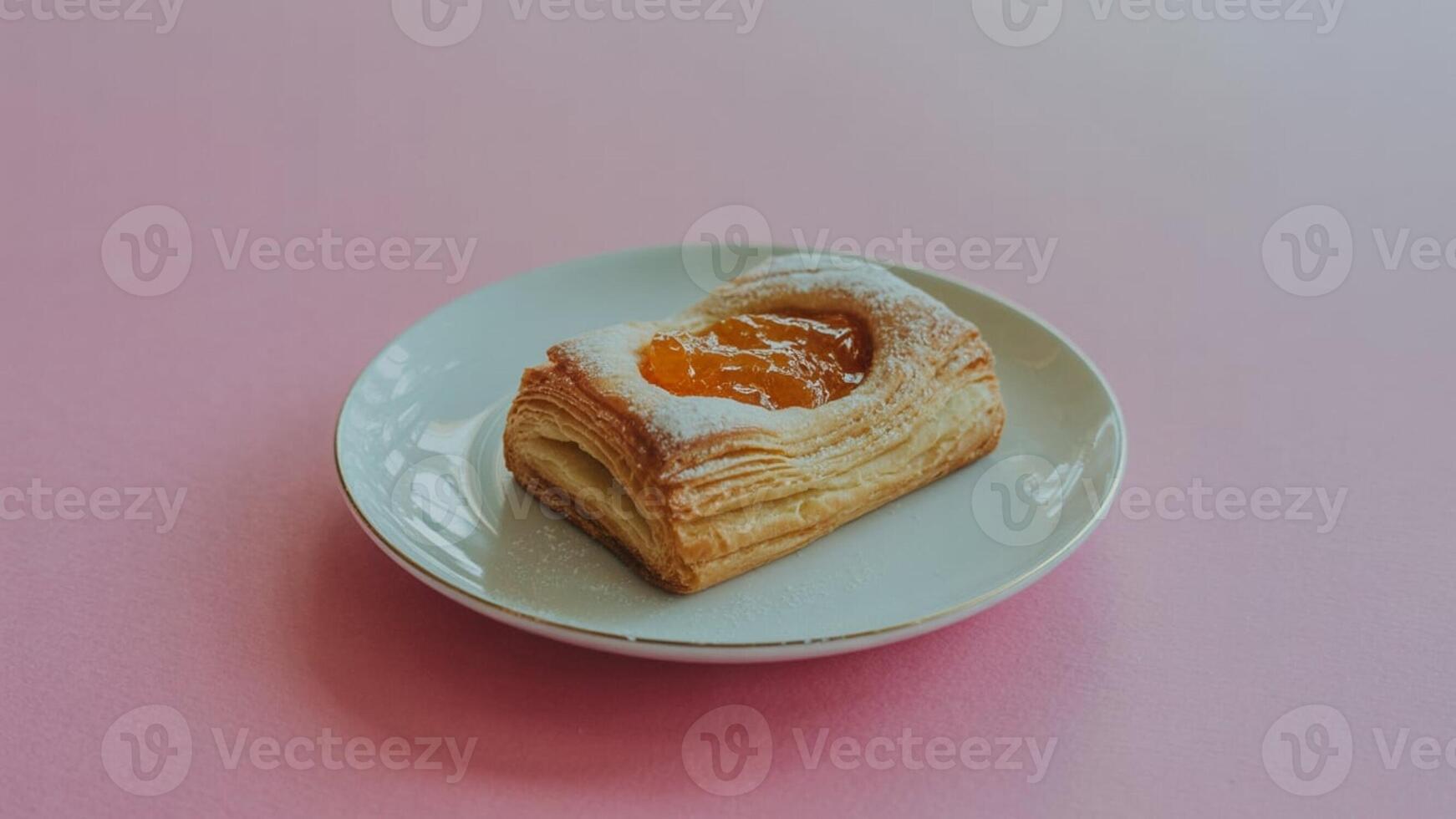 A close up of a pastry filled with orange jam on a white plate against a pink background space for text photo