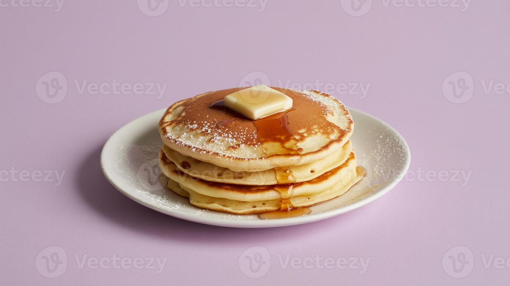 A stack of pancakes topped with butter and syrup on a white plate against a pastel purple background photo