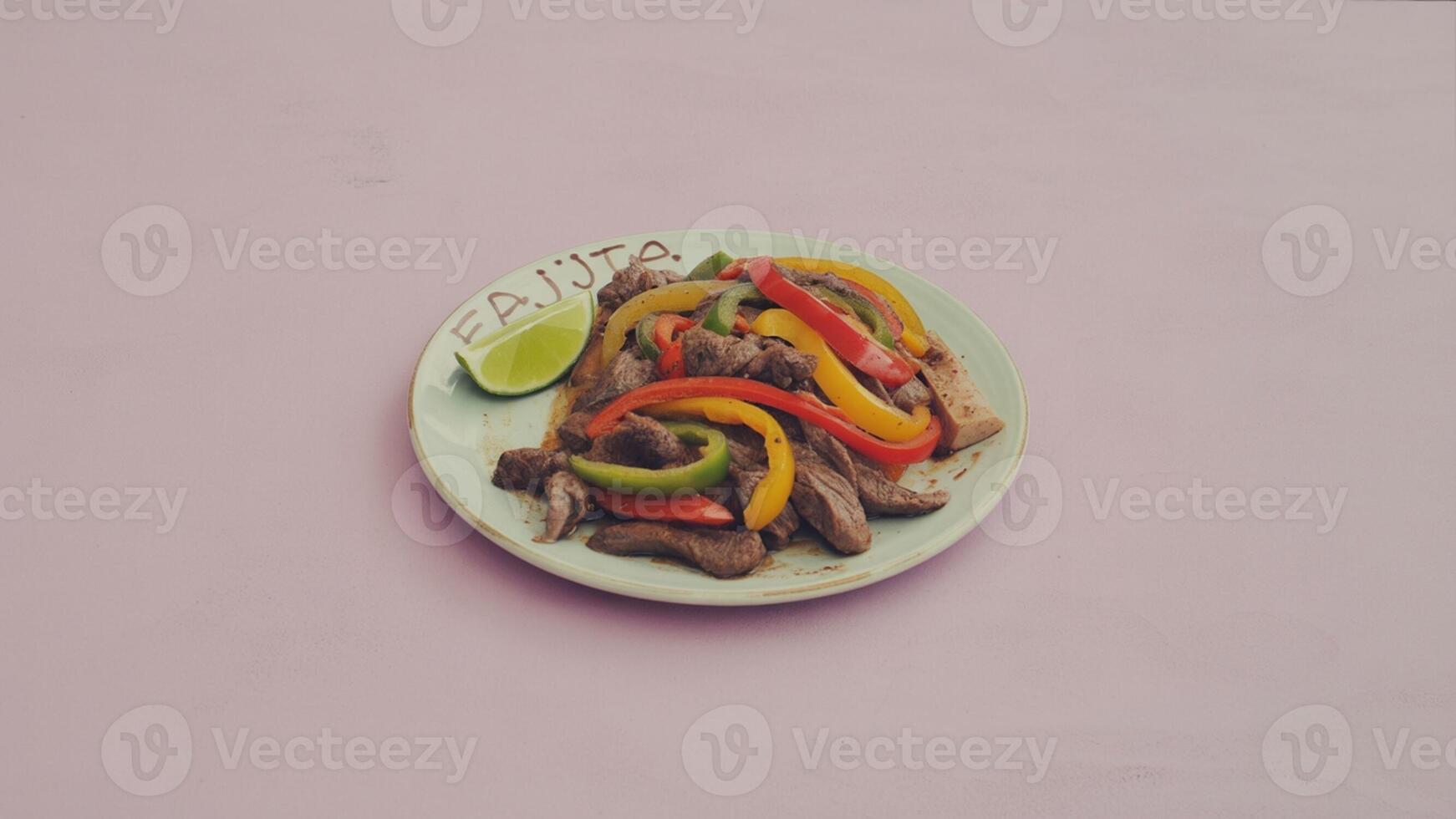 A plate of fajitas with beef and bell peppers and a lime wedge on a light pink background color photo