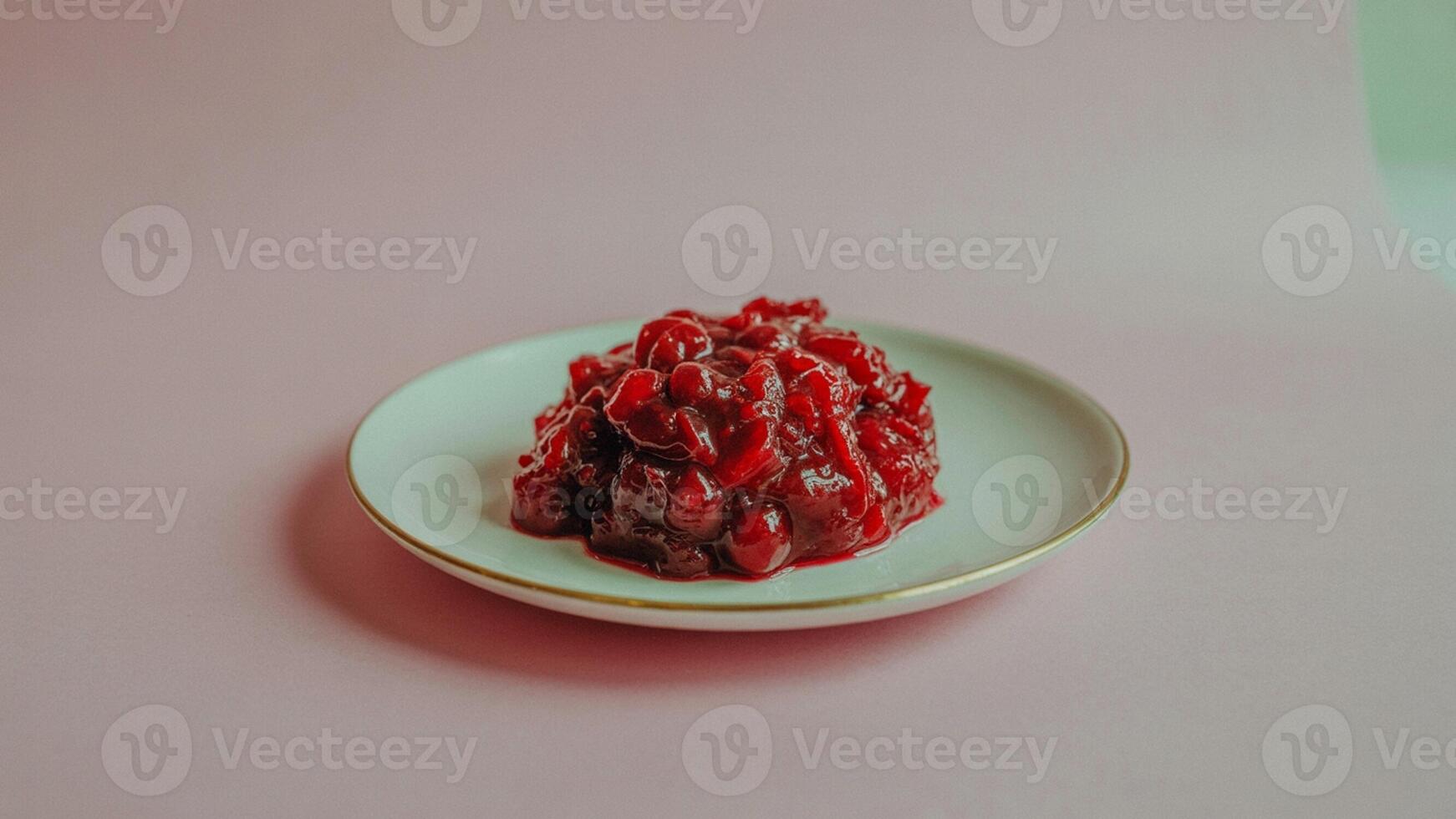 A close up shot of cranberry sauce served on a small plate against a pink background with soft lighting photo