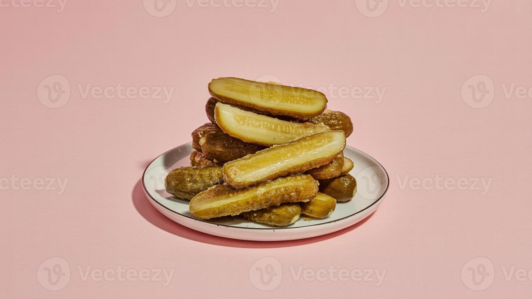 A stack of sliced pickles on a white plate against a light pink background in a studio setting photo