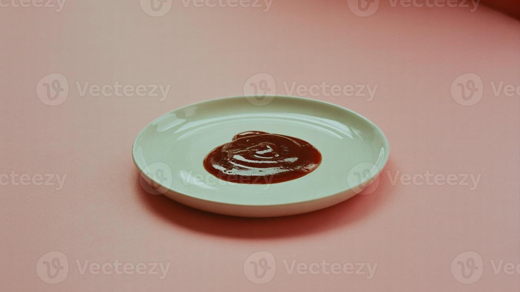 A small white plate with a dollop of ketchup on a pink surface in a minimalist setting studio shot photo