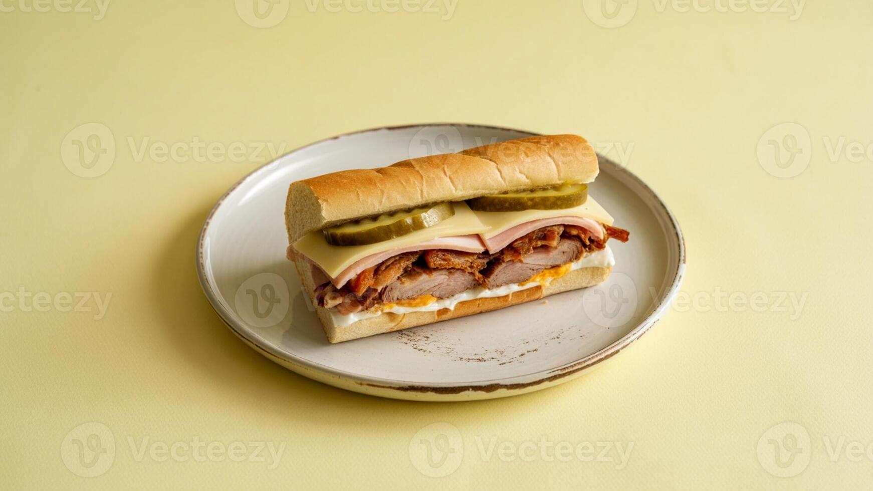 A cuban sandwich on a white plate with a yellow background in a well lit studio setting photo