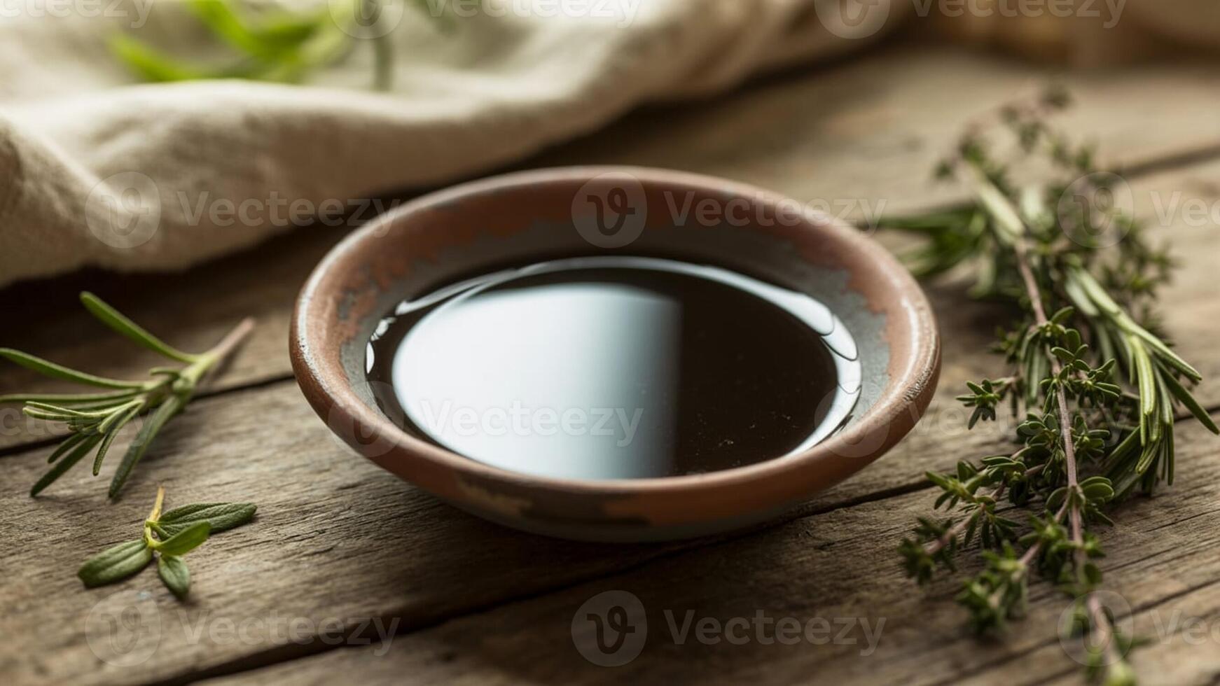 Small bowl of balsamic vinegar with rosemary and thyme sprigs on a rustic wooden surface close up photo
