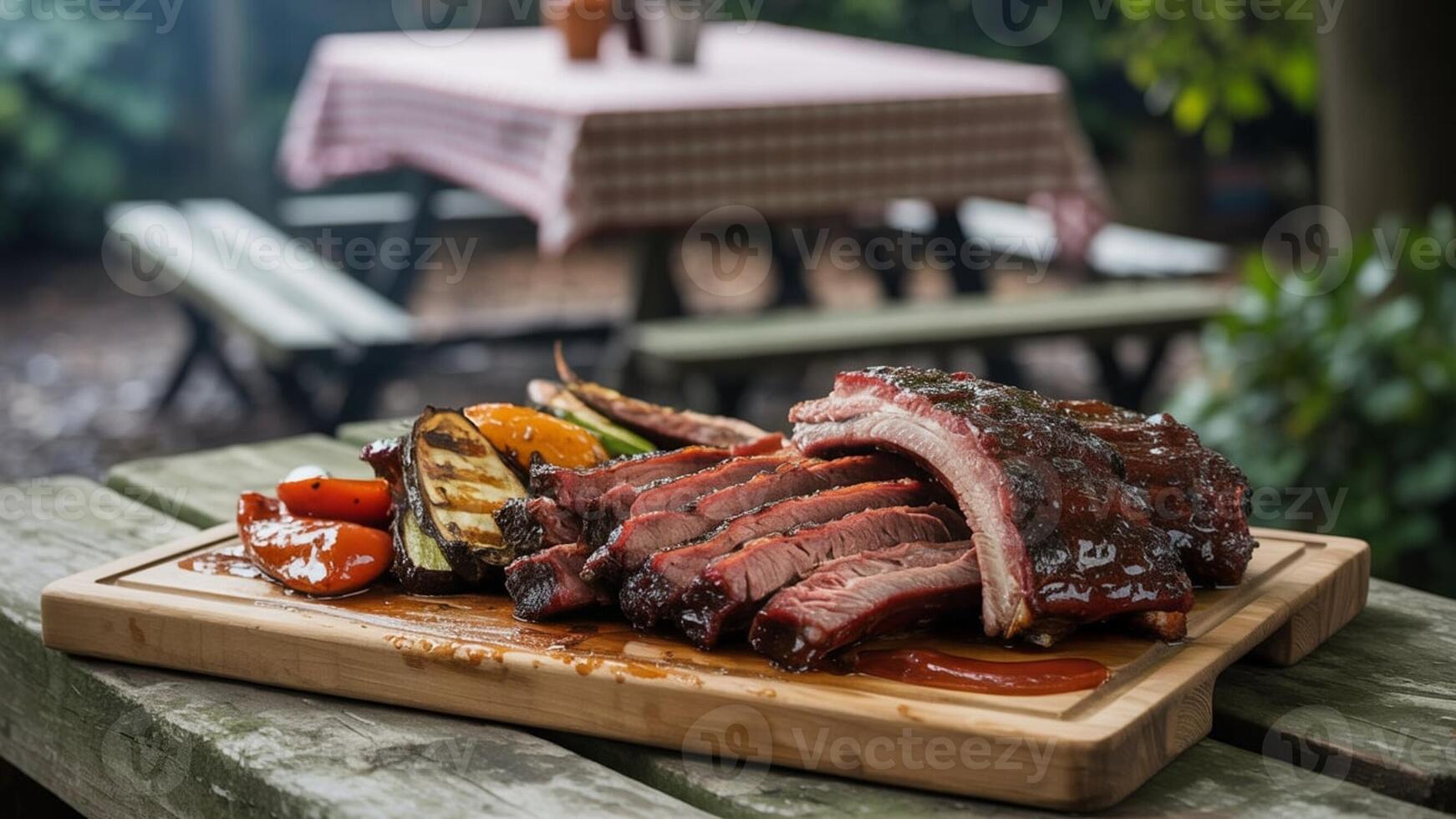 Close up of sliced barbecue ribs with grilled vegetables on a wooden board outdoors in a backyard setting photo