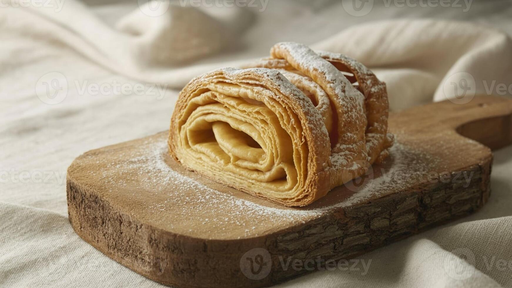 A rolled pastry with powdered sugar on a wooden board with a white cloth background in soft lighting photo
