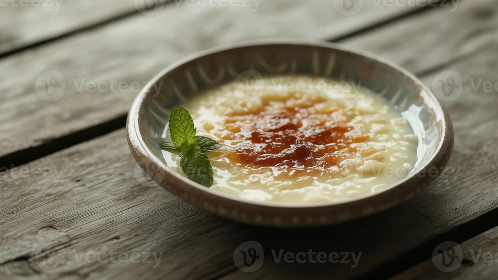 Close up of rice pudding with jam and mint garnish served in a bowl on a wooden surface table top photo