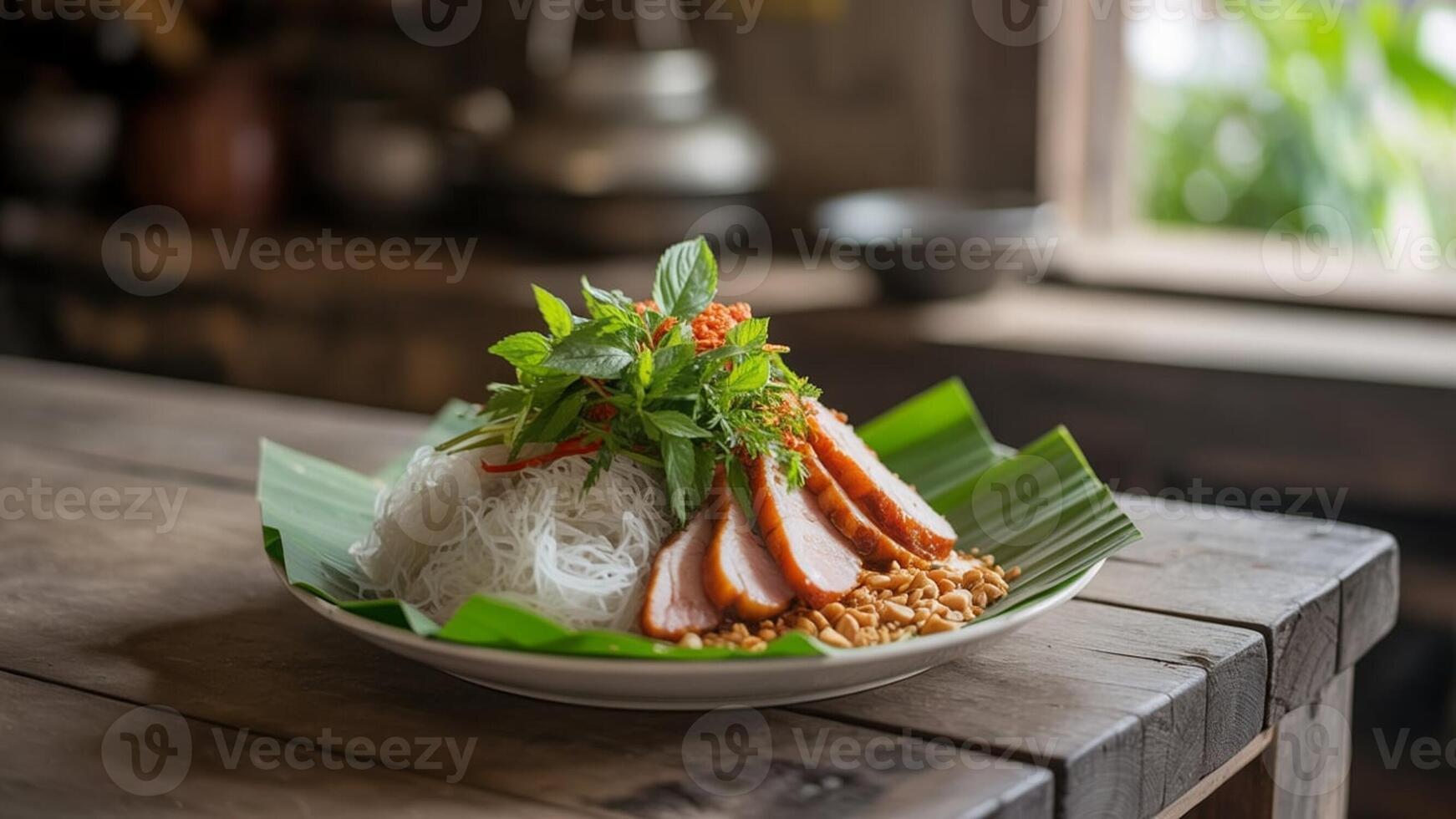 Close up of a plate with rice noodles pork basil and peanuts on a wooden table in a restaurant photo