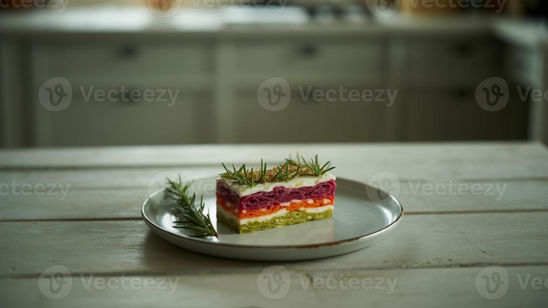 A layered vegetable dish with rosemary on a plate sitting on a white wooden table in a kitchen setting photo