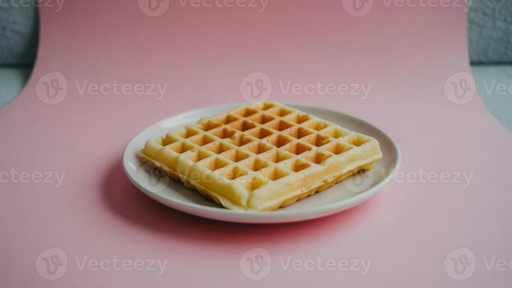 A single waffle on a white plate against a pink background in a studio setting for breakfast food photo