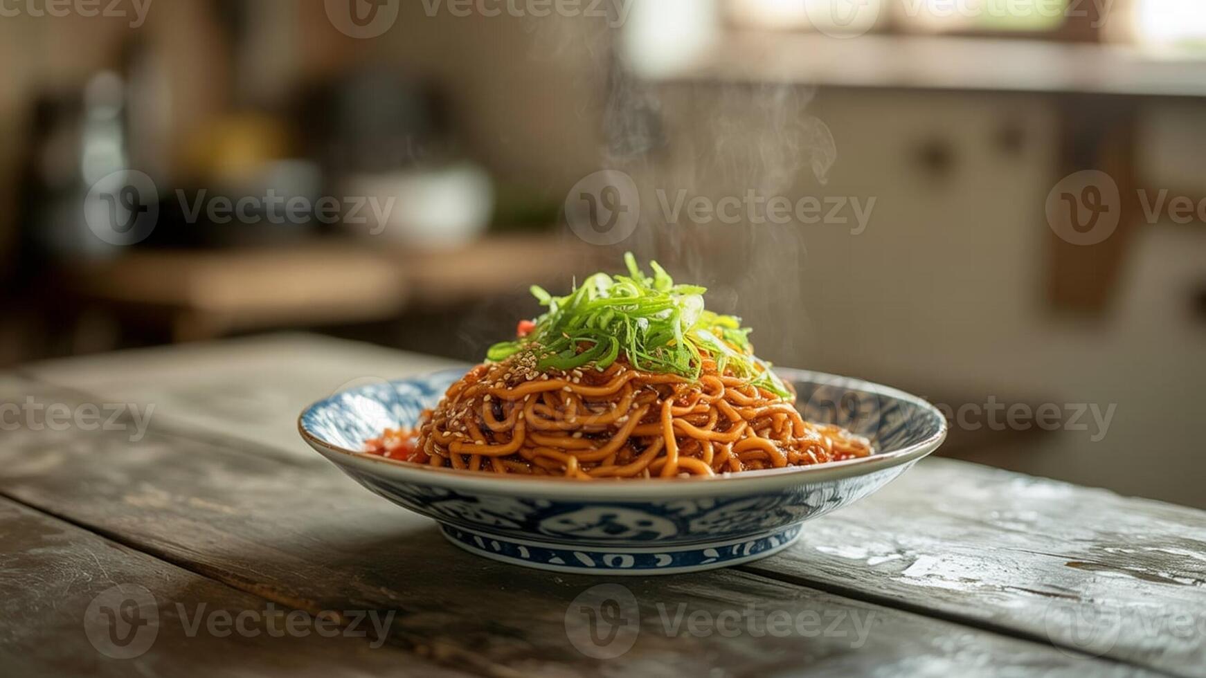 A steaming bowl of noodles topped with green onions on a blue and white patterned bowl on wood table photo