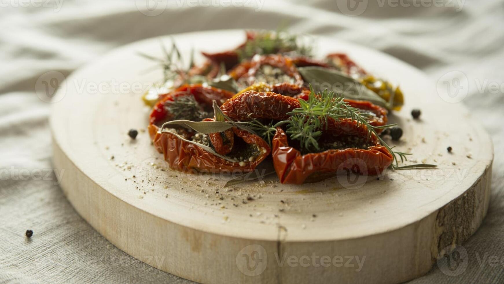 Close up of sun dried tomatoes with herbs and spices on a wooden board on a textured surface photo