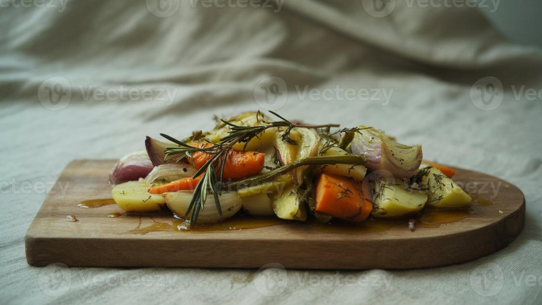 Close up of roasted vegetables with herbs on a wooden board against a fabric background in soft lighting photo