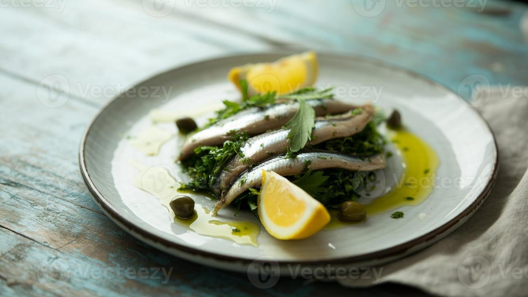 Plate of anchovies with lemon wedges and green herbs on a rustic blue wooden table surface top view photo