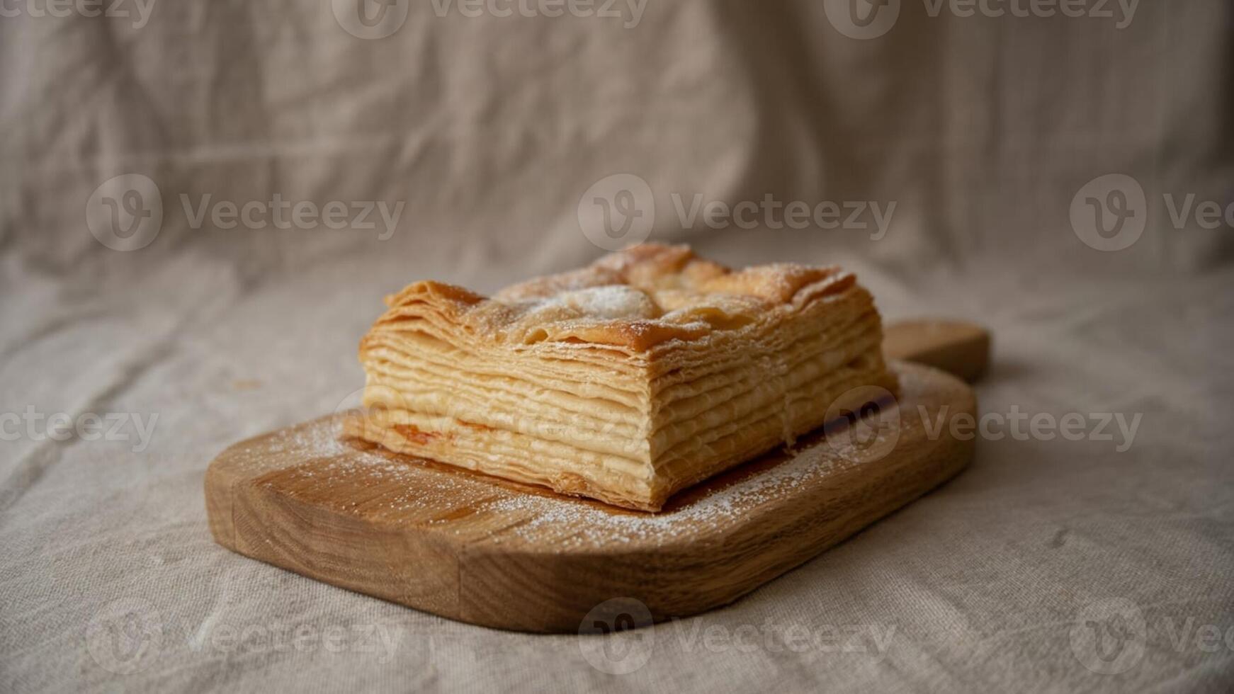 Close up of a mille feuille pastry dusted with sugar on a wooden board with a textured background photo