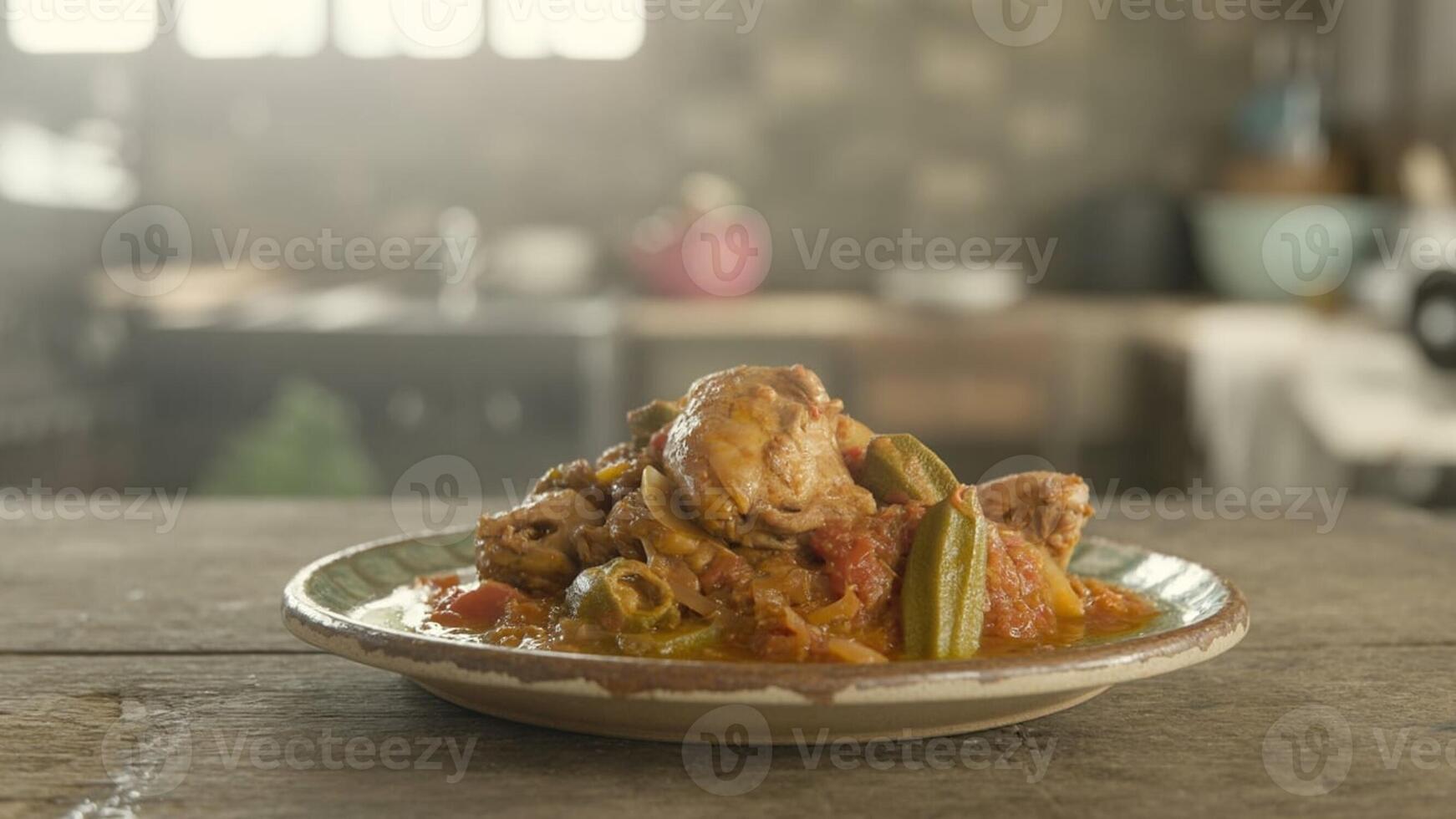 Close up shot of a plate of chicken and okra stew on a wooden table in a bright kitchen setting photo