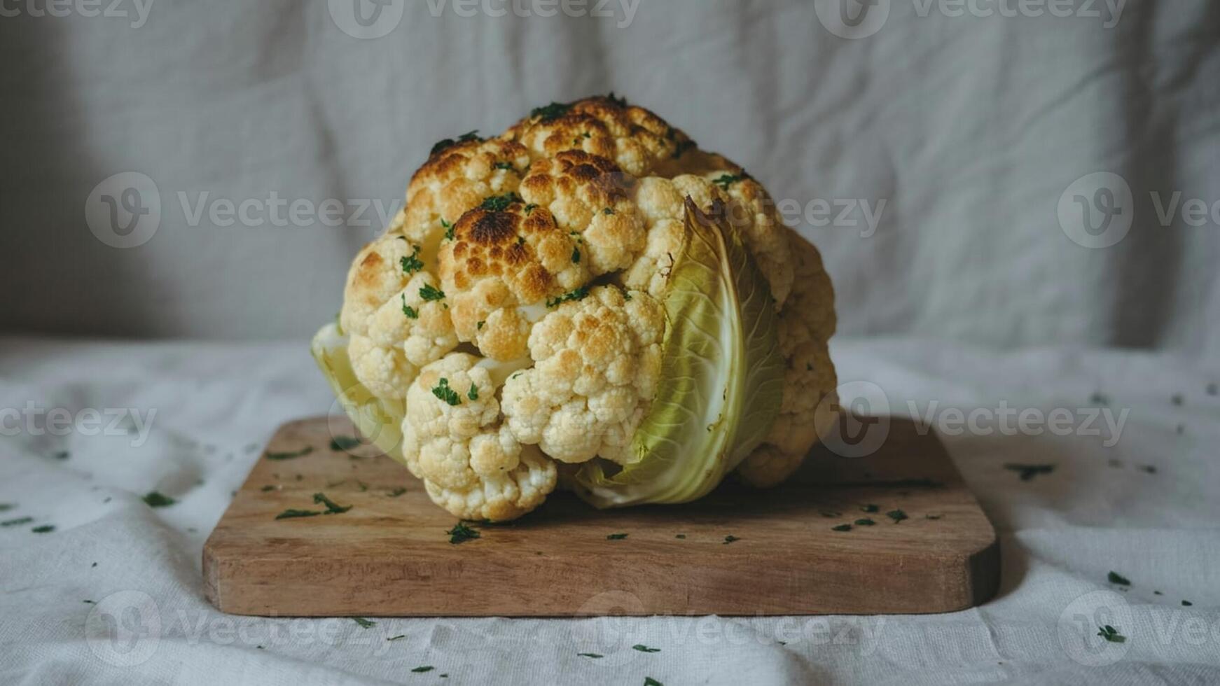 A whole roasted cauliflower head on a wooden board with parsley against a white fabric backdrop photo