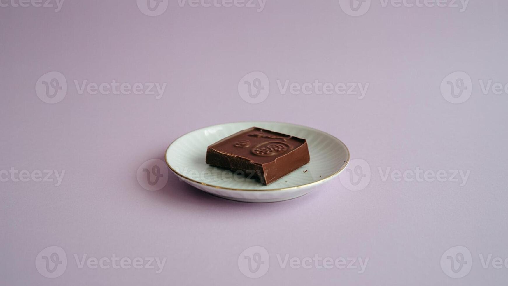 A single piece of dark chocolate on a small white plate with a gold rim against a lavender backdrop photo