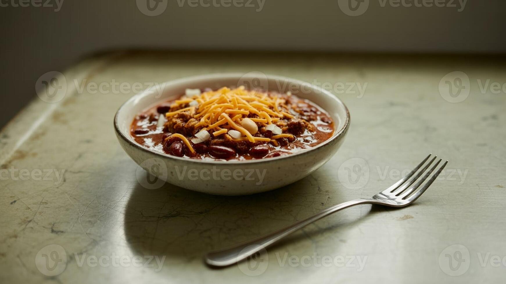 A bowl of chili with cheese and onions next to a fork on a marble surface in soft natural light photo