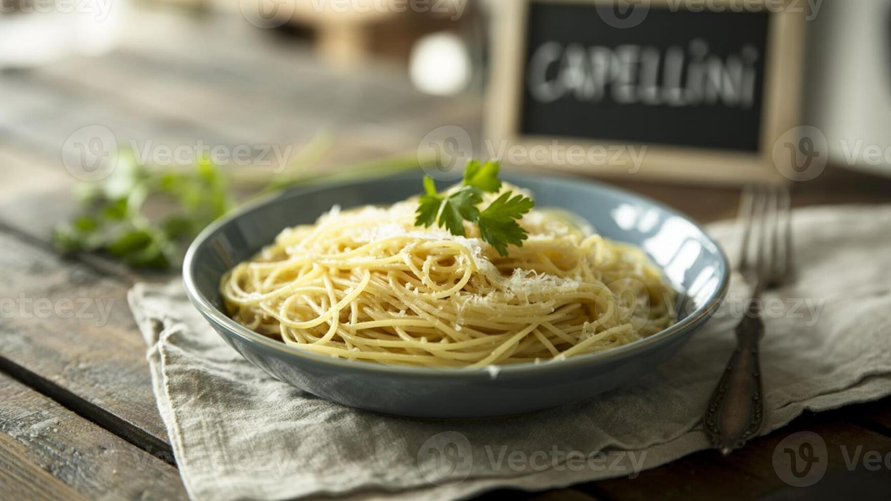 Capellini pasta in a blue bowl with parsley garnish and chalkboard on a rustic wooden table surface photo