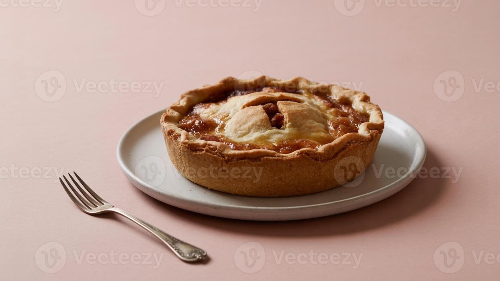 A close up shot of a pie on a white plate with a fork on a pink background in a studio setting photo