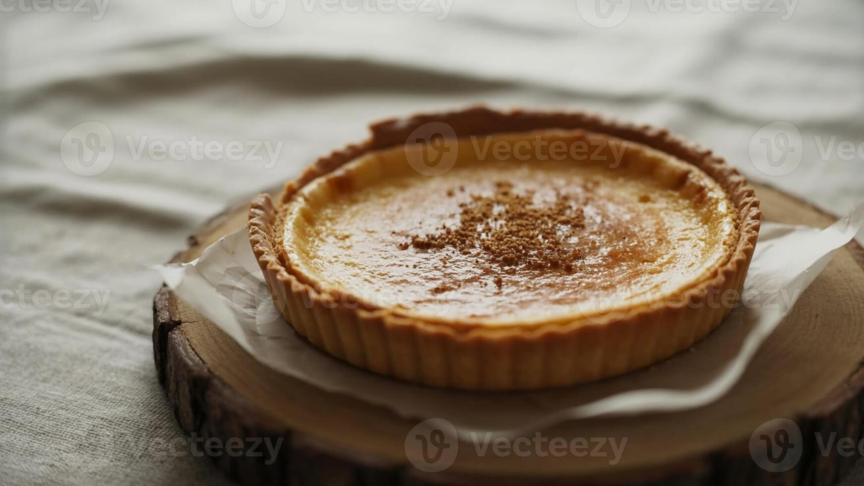 Close up of a custard tart with sprinkled topping on a wooden board with a linen background photo