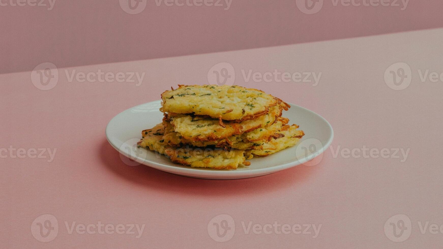 Stack of potato pancakes with herbs on a white plate against a pink background in a studio setting photo