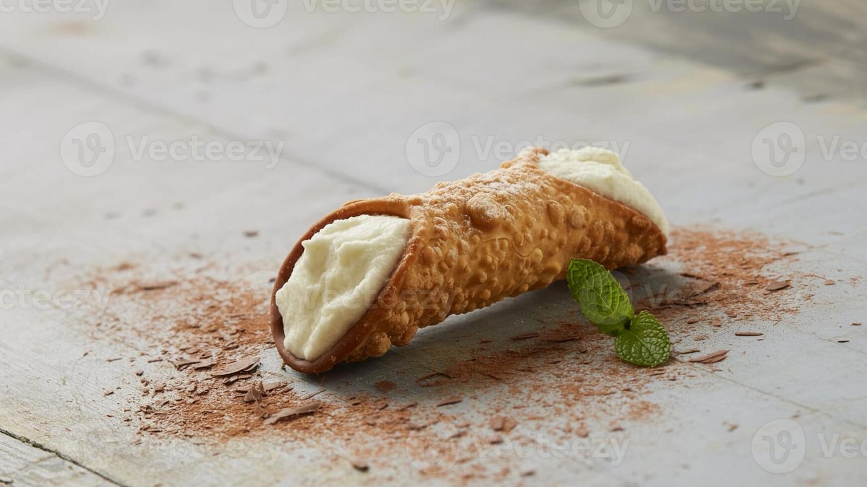 Close up of a cannoli filled with cream and garnished with a mint leaf on a light surface dusted with cocoa photo