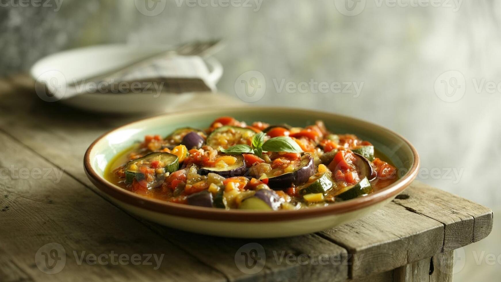 Close up of ra violi with toma to sa uce a nd ba sil on a pla te sitting on a wooden ta ble in a kitchen photo