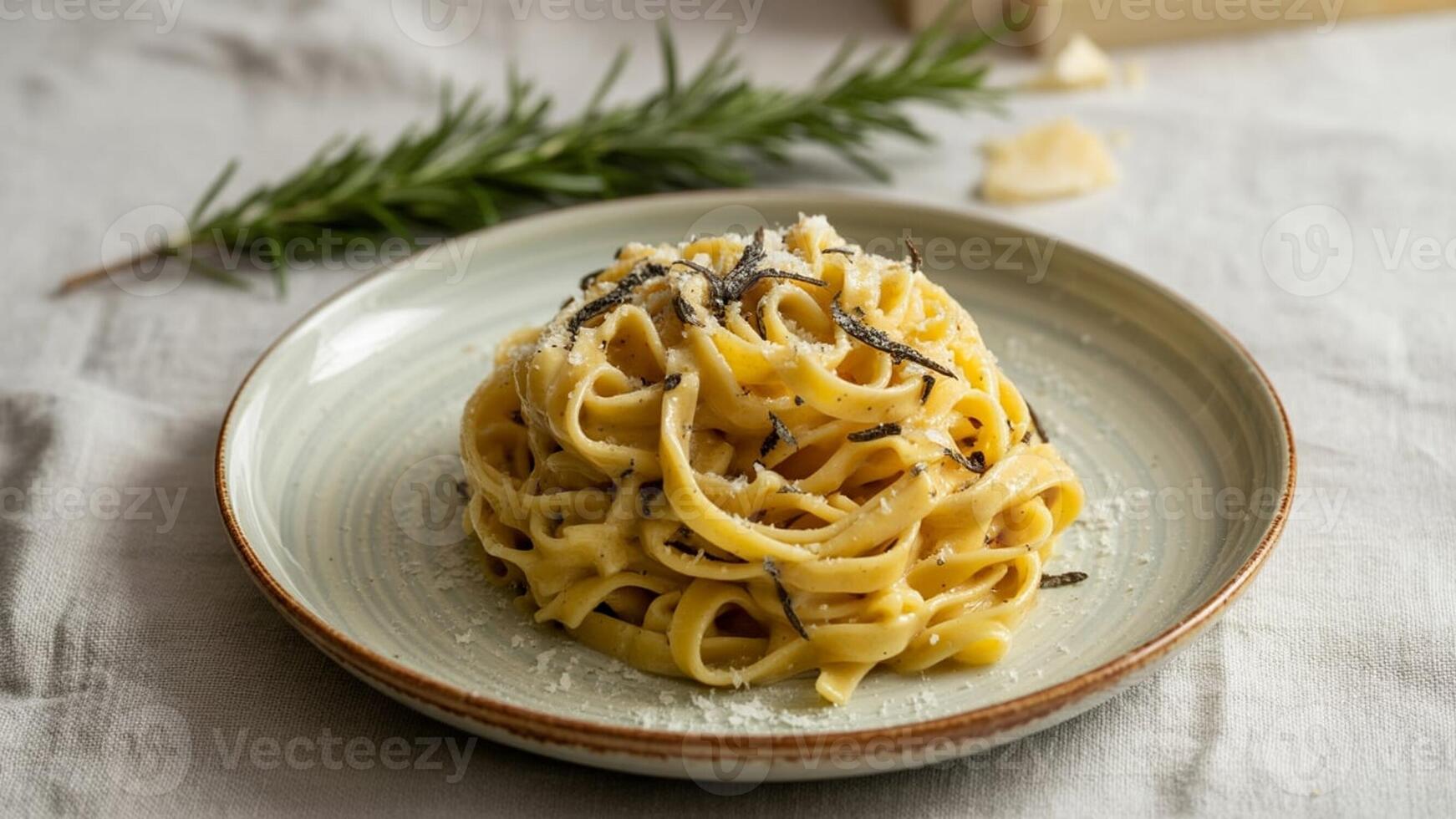 Close up of a pla te with yellow risotto topped with mushrooms a nd herbs on a ta ble nea r a window photo