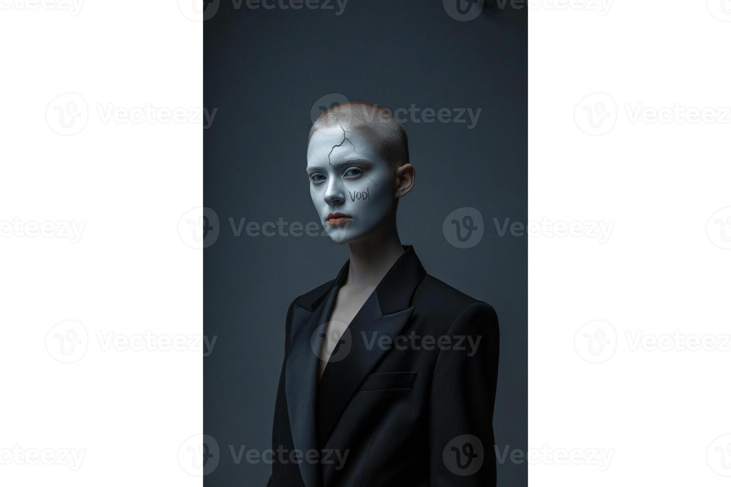 Portrait of a woman with cracked face paint and word void wearing black blazer photo