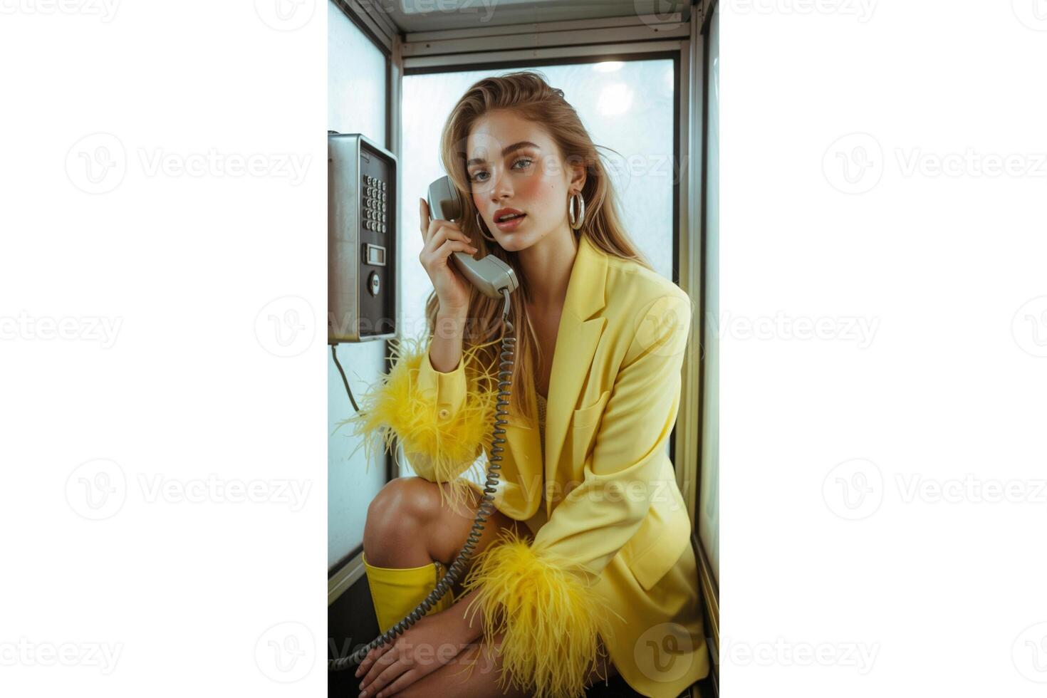 Woman in yellow suit using old phone in telephone booth with serious expression photo