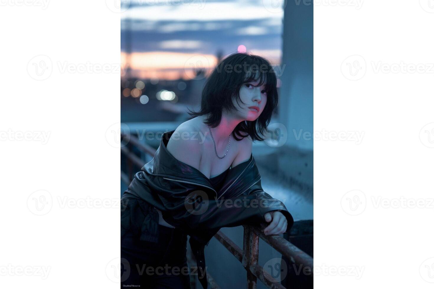 A woman in a leather jacket posing on a rooftop at dusk with city lights behind photo