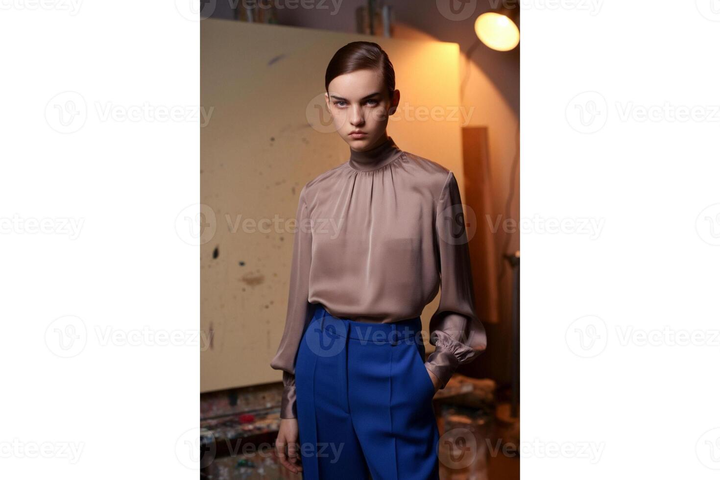 Woman in blouse and blue pants poses in front of a canvas in an art studio space photo